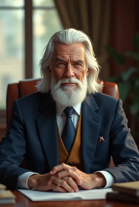  hyperrealistic, well-dressed man sitting in an office,  looks at the spectator, natural light, long hair and white beard 