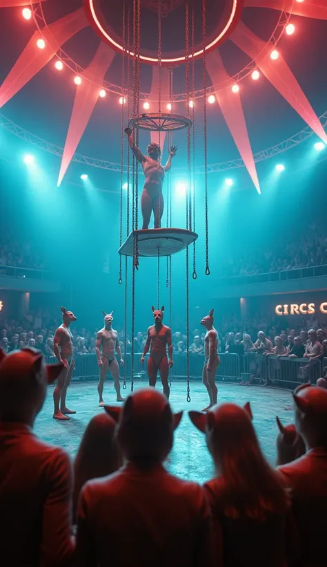 Under the bright lights of a futuristic circus tent, humans perform like circus animals for a crowd of animal-headed spectators. The humans are displayed in a cage-like structure in the center, performing strange, primitive tricks for their captors. One hu...