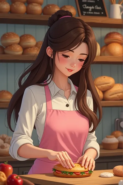  Brunette pastry woman , making sandwiches , dressed in pink,  looking down and a pastry background 