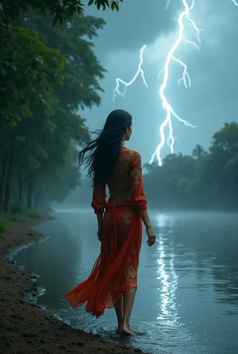 a woman dressed in a kebaya is walking by the river during heavy rain and lightning