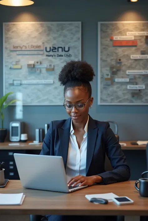 A beautiful African black  lady corporately dressed, sitting in a very beautiful and well equipped office with a laptop  that she used to enter transaction details, inscribed Infront of the laptop is her companys name, Henys Data Hub. On the walls of the o...