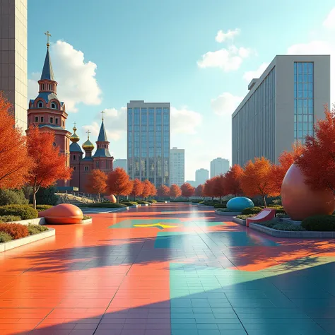 in the foreground is a Memphis square with a large deck,  in the background, the New Moscow Memphis residential complex, kommunarka district, near the subway, on the side, you can see an Orthodox church 