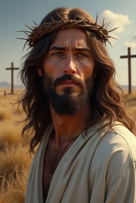 Jesus Christ,  long hair, long beard,  crown of thorns, face close to the screen ,  serious look,  a landscape with three crosses in the background,  REALISTIC IMAGE, white clothes 