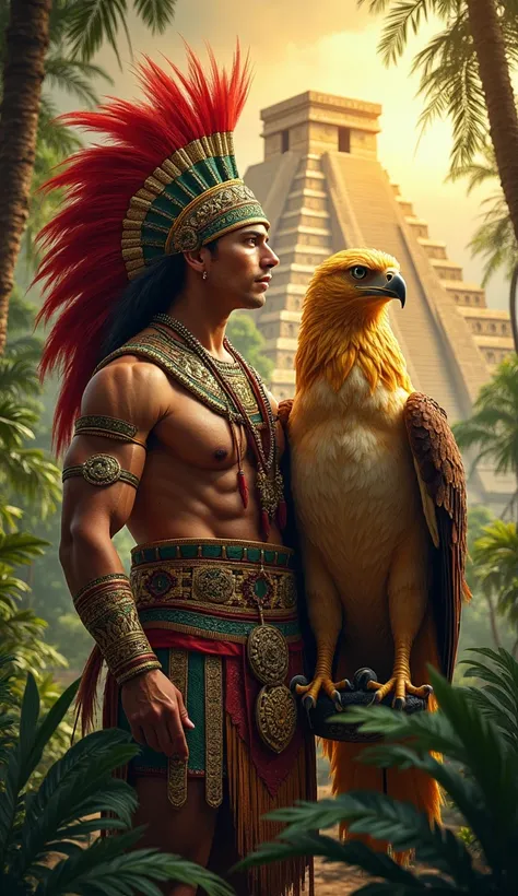 A hyper-realistic hero wearing traditional Aztec warrior attire: a red and green feathered headdress, intricately embroidered tunic, and golden chestplate. They stand beside a majestic golden eagle, its wings outstretched as it perches on the hero’s arm. T...