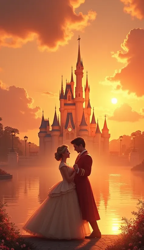 Orange fuffy clouds disney magic kingdom orange moon romantic weather cinderella and prince charming standing far from magic kingdom sea between them they dance looking each other eyes masterpiece hd image 