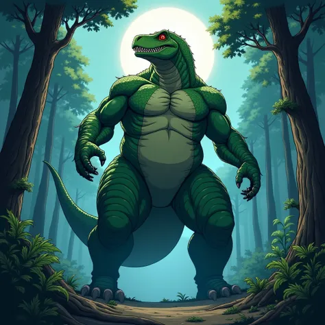 Green humanoid T-rex with red eyes and thick and super muscular scales, three meters tall in the middle of the forest during moonlight while looking up at the sky drawn in anime 