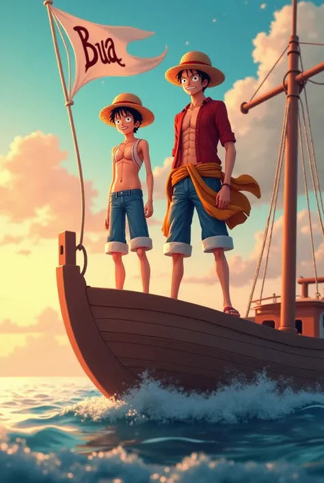  2 man Luffy and Shank on a peach day story is a picture of a man standing on the headboard. It is a sharp image. The flag fluttering on the boat is written Bua.  hd8k 