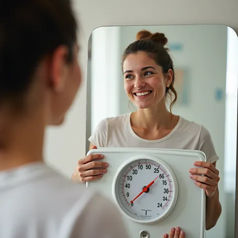 Prompt para imagem:
 Vibrant and inspiring image of a person looking into a mirror,  with a semblance of determination and optimism ,  next to a scale that is marking a high number . In the background,  a calendar with a highlighted date ,  symbolizing the...