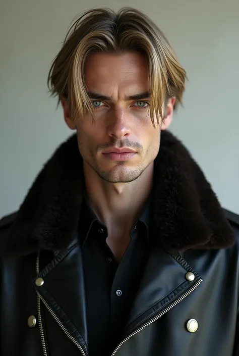  Generate the image of a tall man, caucasiano, dark blond hair with blue eyes , Straight hair, elongated and plentiful bangs, covering the right eye.

Aviator ,  leather jacket with fur on the edges,