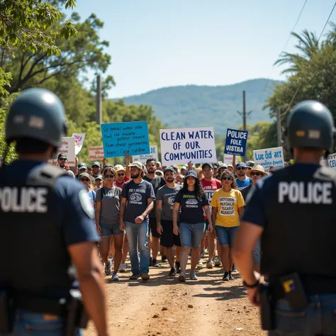  A peaceful protest in a rural region of Latin America ,  with people carrying banners demanding Clean water for our communities .  The image shows environmental defenders facing a police barrier peacefully, highlighting determination and community value 