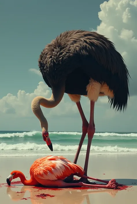 [A large ostrich stands over a mortally wounded flamingo on a dark forest; the scene depicts a brutal act of predation, the ostrichs foot seemingly having inflicted the fatal blow; a mood of stark violence and the harsh beauty of nature], [Digital Painting...