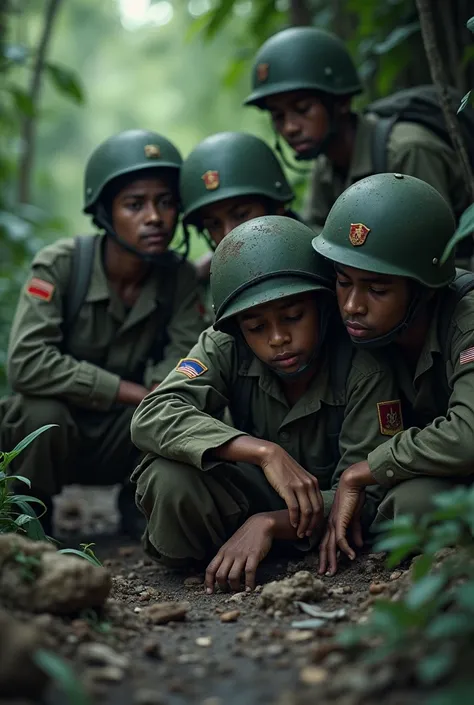 young Sri kankan army soldiers in tired and lose of energy. They are hiding from enemies. Show they are so tired 