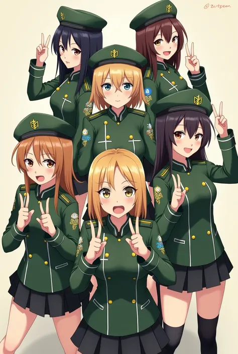 group of 6 ANIME girls in UKRAINIAN military green with different poses and with ✌️