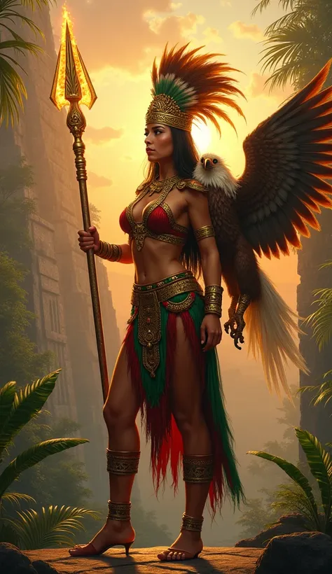 A hyper-realistic female hero wearing traditional Aztec warrior attire: an intricately embroidered tunic in vibrant red and green, adorned with golden accents and a feathered headdress symbolizing the golden eagle. Her pose is regal, holding a golden spear...