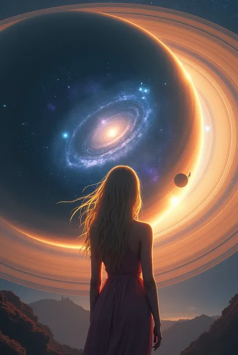 A high resolution image , Size A4,  of a universe at the center of Saturn,  adds a blonde woman with her back 