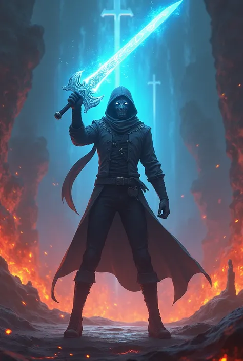 This image features a character wielding a glowing blue sword, dressed in a stylish outfit with a mask and a scarf. The background includes fiery effects and mystical symbols, giving it a dynamic and magical atmosphere. If you need help with specific detai...