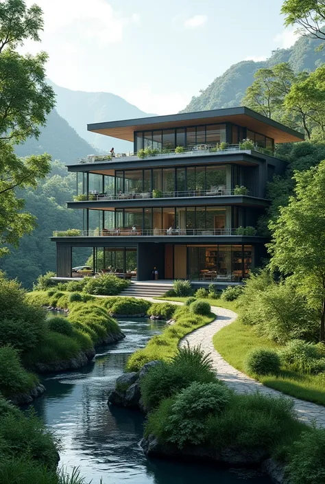 Concept For Modern Astonishingly Futuristic House With Lush Green Landscape & River Stream & Road Nearby With Electric Charging Station