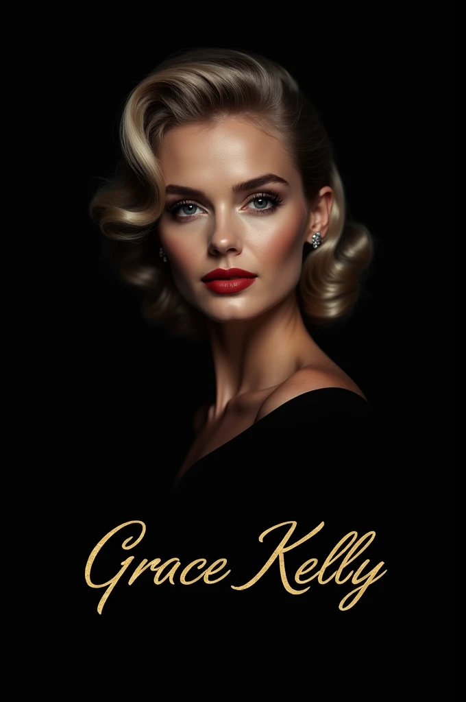 name *Grace Kelly*  in gold letters, on black background. 