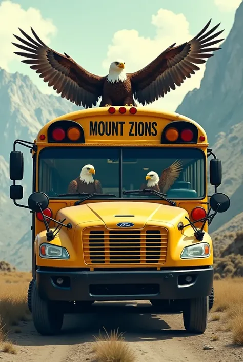 A big school bus full of eagles and outside it says: "Mount Zion "