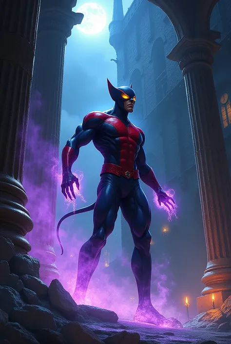 Nightcrawler (KURT WAGNER)

Description: An agile mutant with dark blue skin ,  yellow eyes and a pointed tail .  Nightcrawler wears a red and black costume ,  disappearing into a cloud of purple smoke with sulfur marks.
scenario:  A Gothic castle illumina...