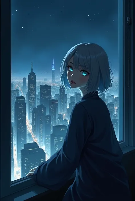 ( masterpiece ),  better quality , cyan eyes,  light gray hair ,  expressive eyes , Holhaya , sitting in the room of a high-rise apartment,  Night sky, urban landscape,  looking at the spectator ,  city lights, window, stand out, dramatic lights, calm face...