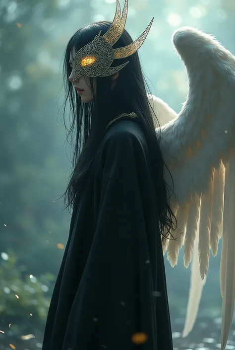 1 , Alone,  Long hair,  High resolution , Rice,  black hair, Mask, angel, asas de angel