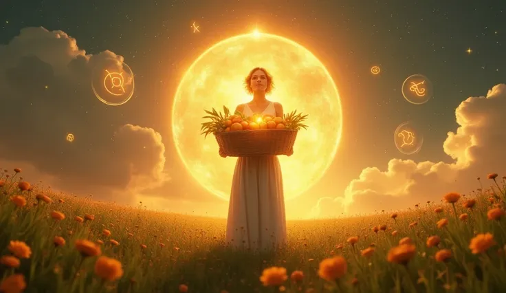 Perspective: A figure holding a glowing, overflowing basket of golden fruits.
Subject: A person standing confidently in a mystical field, holding a radiant basket that symbolizes abundance and success.
Medium: Hyper-realistic digital art.
Style: Majestic, ...