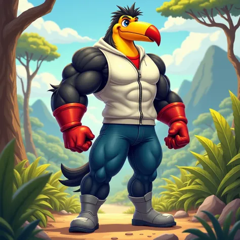 A muscular toucan furry jock in gray boots , wearing blue pants ,  in a white zippered sleeveless sweater , wearing red gloves stands against the background of a cartoon-style savvana 