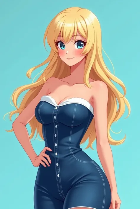 The anime-manga style image shows a close up of a young Caucasian woman with very large breasts, long blonde hair and bangs that fall down her forehead..  Her hair is slightly wavy and looks shiny and healthy . She wears a tight, strapless navy blue dress ...