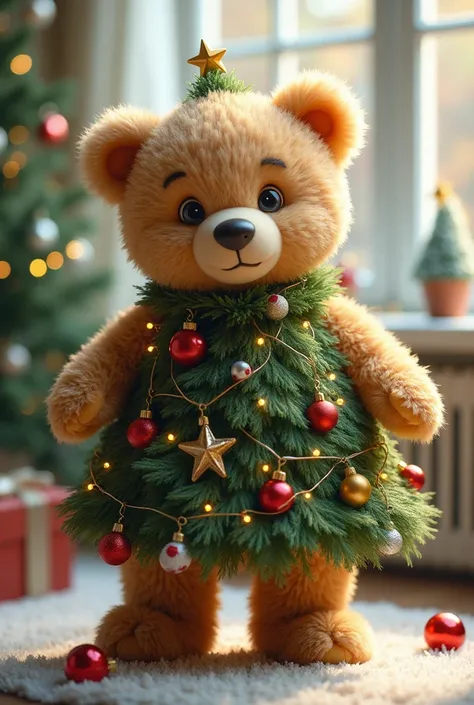 funny fluffy teddy bear dressed as a Christmas tree, background Christmas atmosphere with a Christmas ball here and there on the ground