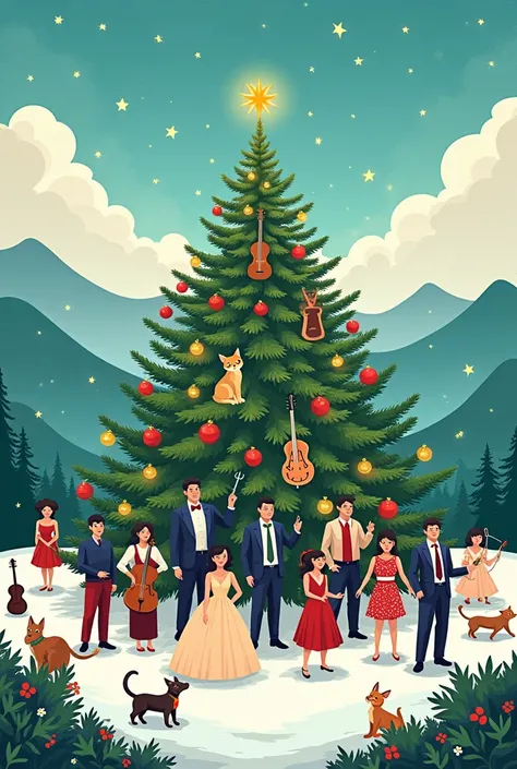  Poster for a concert that will be performed by several artists from a municipality. The background must be between green and snowless mountains, a Christmas tree , toys, cats, dogs and musical instruments  