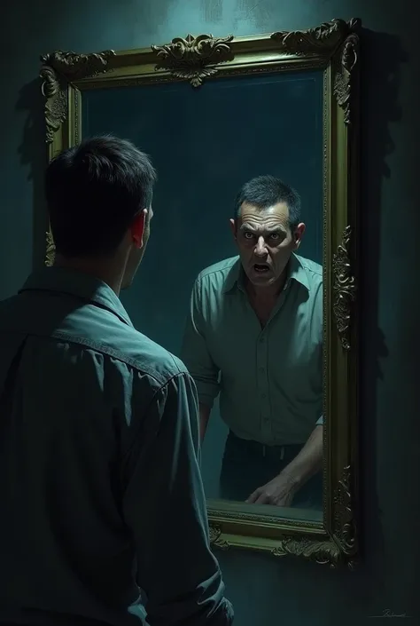 A frightened man entering a room and looking at a mirror 