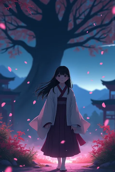 (best quality, masterpiece),(1girl, miko, coat, expression face, black eyes, looking at front ,black hair, walking, upper body), (night strray sky, huge old tree behind, falling glowing pink petals behind, shrine behind, mountain background, blowing wind, ...