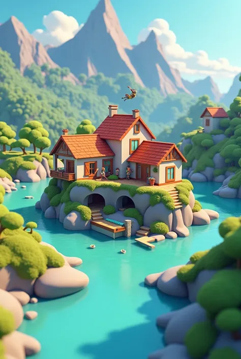  make me a Lowpoly style villa but have parkur in that village, with lakes , mountains, Jump in rivers , in homes , Avoid Indians that the village can be seen from above, as if it were a plan