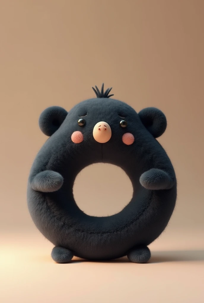 toy in a ring shape, friendly looking, dark colour, soft to touch