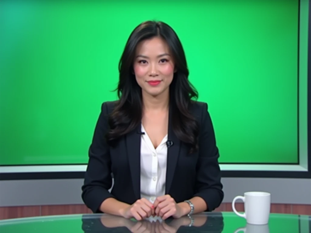 A female news anchor is sitting at a desk in a modern news studio, directly facing the camera. She has dark hair, and an attractive, confident presence. She is dressed in a blazer, white shirt, and black mini skirt, with a stylish and professional appearan...