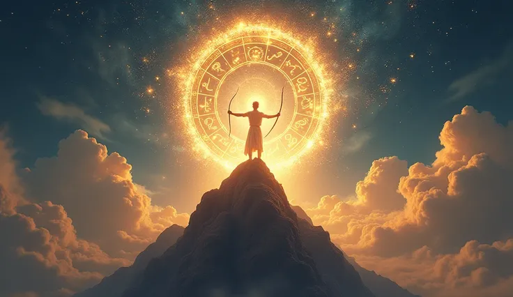 Perspective: A triumphant figure atop a glowing mountain, drawing a radiant bow aimed at the zodiac circle.
Subject: A person surrounded by floating astrological glyphs, their arrow glowing with cosmic light.
Medium: Hyper-detailed digital painting.
Style:...