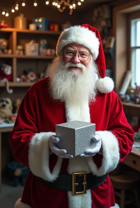 Santa Claus holding a small square silver glitter box without ribbon in his studio at the North Pole realistic photo style 