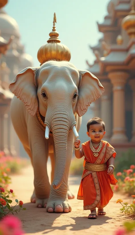 Surrealistic scenes in photorealistic style. A baby wearing gorgeous Indian clothes is walking with a white elephant sacred beast. The baby smiles happily, and the white elephant has an elegant and mysterious expression. In the background, beautiful temple...