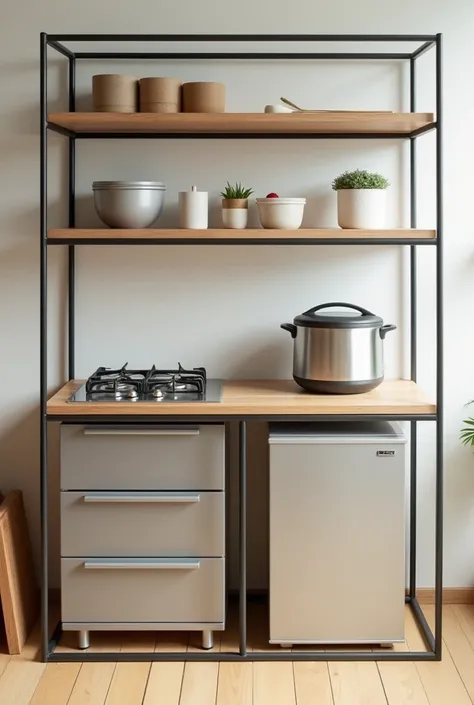 I need you to create a simple kitchen cabinet where you can put a gas template, a rice cooker and a small refrigerator that is made of square metal tubes and that is on a wooden and ceramic surface. 