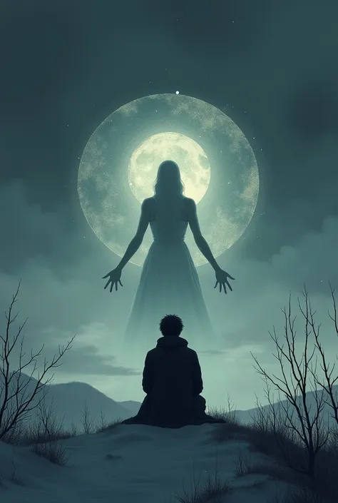 circular background with cosmic style. a female hand comes out to you. in silhouette, a you a man sitting in his solitude with winter sky above, bleak dark theme around looking to that circular