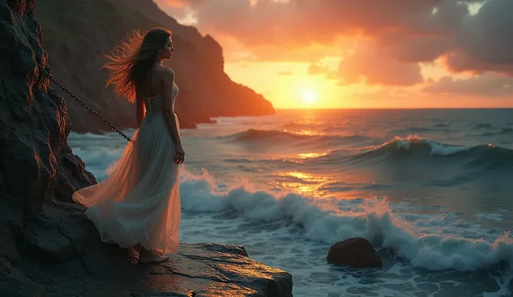 A dramatic coastal scene at sunset, with Andromeda, a beautiful young princess, chained to a rocky cliff by the sea, her flowing dress and fearful expression contrasting against the vast, turbulent ocean behind her."