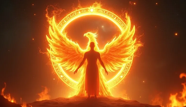 Perspective: A determined figure emerging from a glowing phoenix-shaped flame under a radiant zodiac circle.
Subject: A person standing confidently with fiery energy swirling around them, symbolizing transformation and rebirth.
Medium: Hyper-realistic digi...