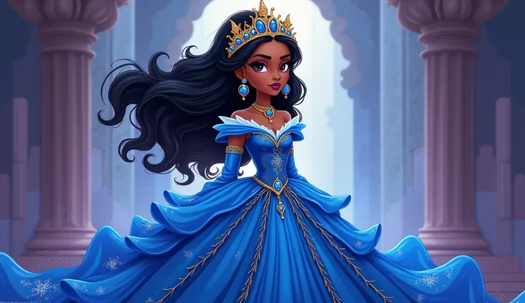 A princess dressed in blue crown with sapphire stones black skin cartoon style 