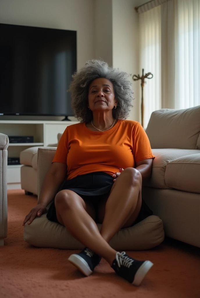 60 year old african american light skin sexy woman, passionate, desire, curvy body wide hips large breasts, no bra, messy, gray afro hair, orange t shirt, short black skirt, black sneakers, sitting back on sofa in dark living room, legs spread apart, peach...