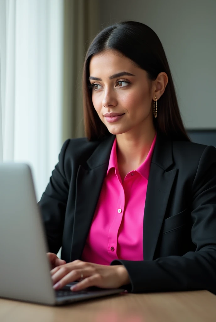  Generate a very realistic and natural photo of a Brazilian woman with white skin thin face black eyes, Smooth and long dark brown hair , Wear gold earrings , light makeup, She is wearing a black blazer bright pink shirt black pants perfect fingers and nai...