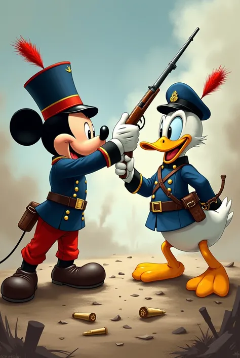 Dessin facile pour les enfants de Mickey mouse en uniforme de soldat français ce se battant pour la guerre avec des armes contre Donald en uniforme de soldat allemand avec des armes 