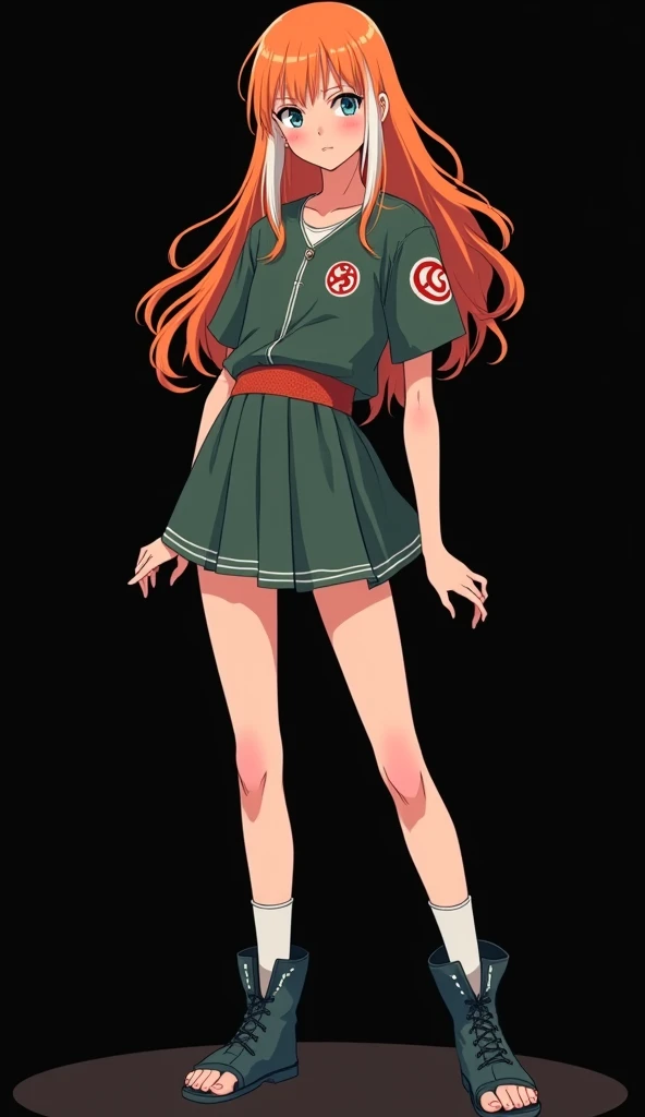 Female anime character with the cartoon style inspired by Naruto Narutos animation, a girl with a slender and beautiful appearance, full body, hip-length hair, red, fire-colored orange, and very smooth, with two white locks highlighted on the front, simila...