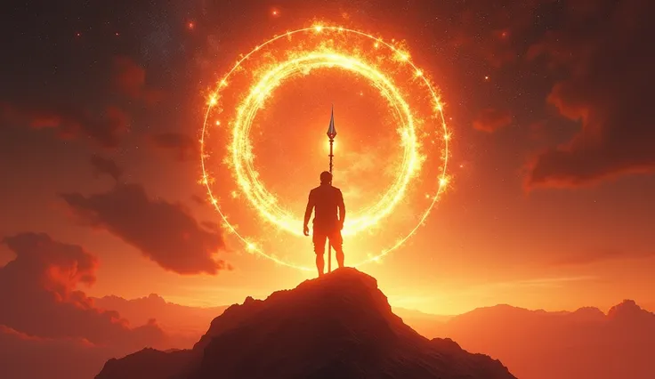 Perspective: A bold figure standing atop a glowing mountain peak, holding a radiant flaming spear.
Subject: A person looking forward with determination, their fiery spear glowing with astrological glyphs.
Medium: Hyper-realistic digital art.
Style: Dynamic...