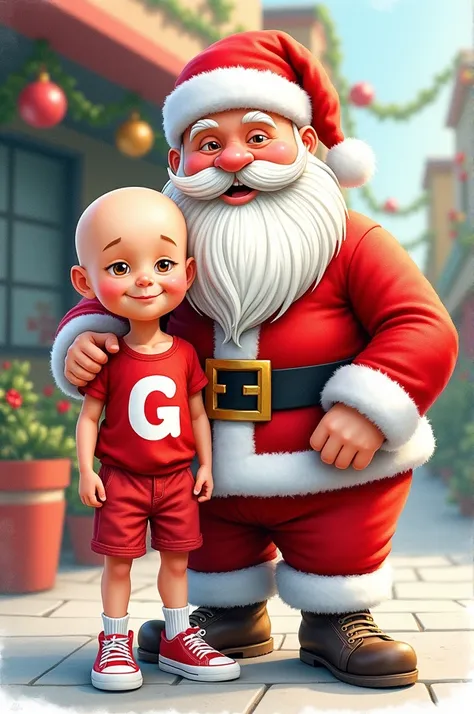 watercolor,  Santa Claus, Along with bald boy ,  red t-shirt with letter G on the front, Red Bermuda Shorts,  white socks and red sneakers